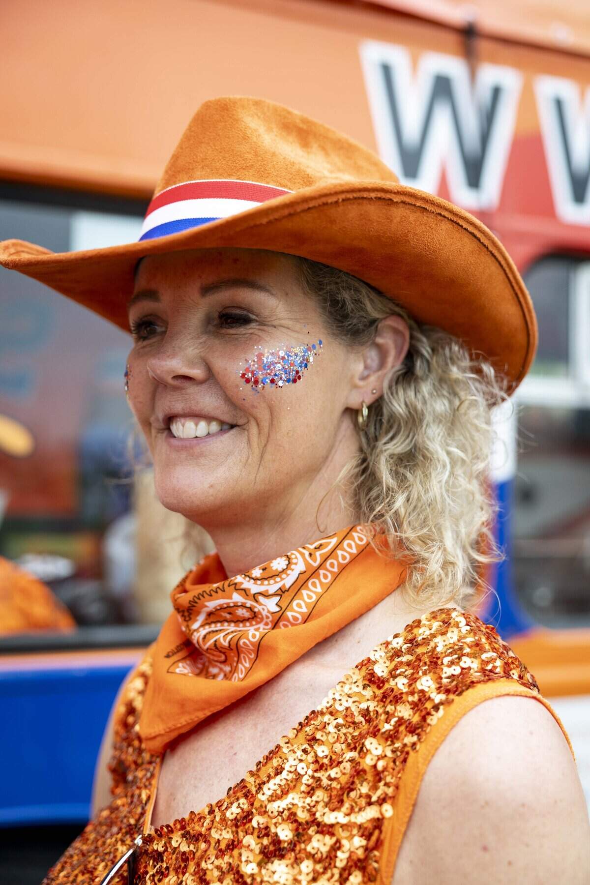 Netherlands soccer fan Gertjan Velthuys wears orange to support the team before the FIFA World Cup match against Japan on Sunday, June 14, 2026 in Arlington, Texas.