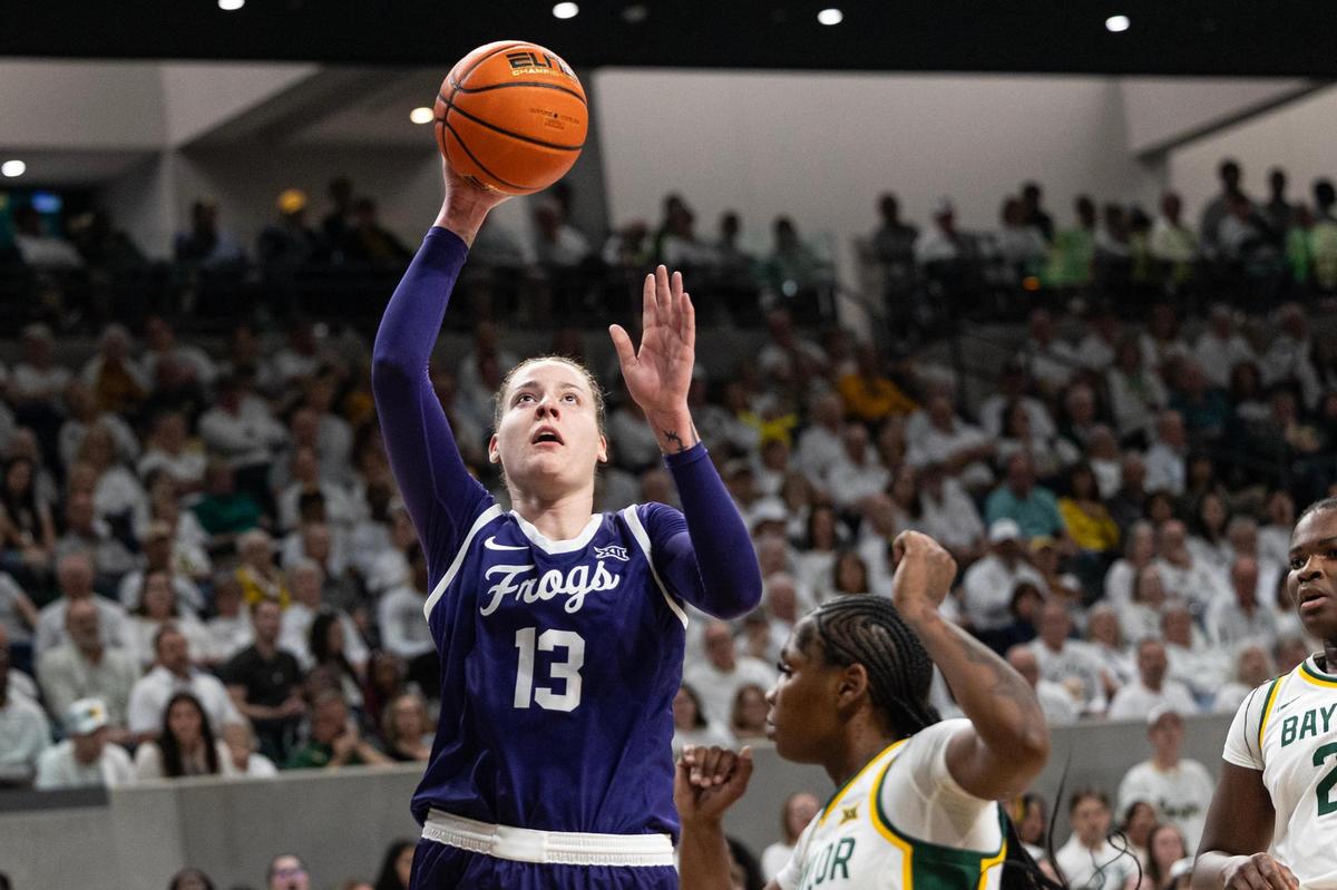 TCU center Sedona Prince (13) goes up for a layup in the first half of an NCAA game between TCU and Baylor at Foster Pavilion in Waco on Sunday, March 2, 2025.