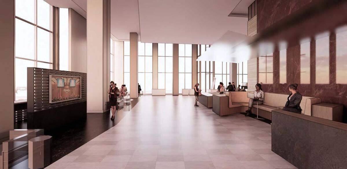 A rendering of an open concept lobby with coffee tables on the right and glass walls on the left. 