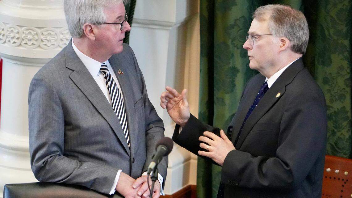 Sen. Brian Birdwell, R-Granbury, right, who is on the committee to create the rules for the impeachment trial of Attorney General Ken Paxton, talks to Lt. Gov. Dan Patrick, in the Senate Chamber at the Capitol before the Senate was expected consider the rules on Tuesday June 20, 2023.