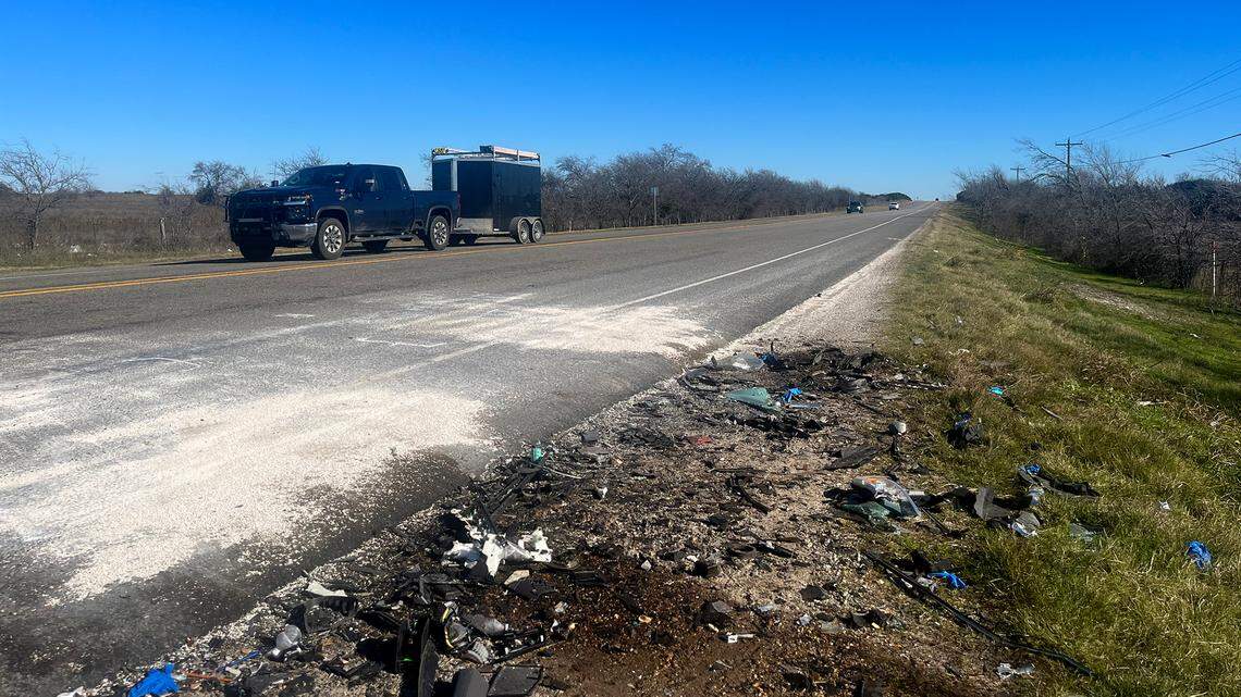 Debris from a fatal accident can be seen on U.S. 67 between County Roads 1234 and 1120 on Dec. 27, 2023. Six people, including two children, were killed and three others injured in a “devastating” two-vehicle crash in Johnson County, authorities said.