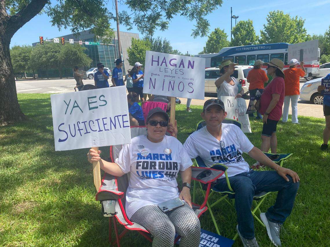 Dora Gutierrez and her husband protesting outside the Tarrant County Courthouse Saturday afternoon with March for Our Lives, advocating for gun-reform.