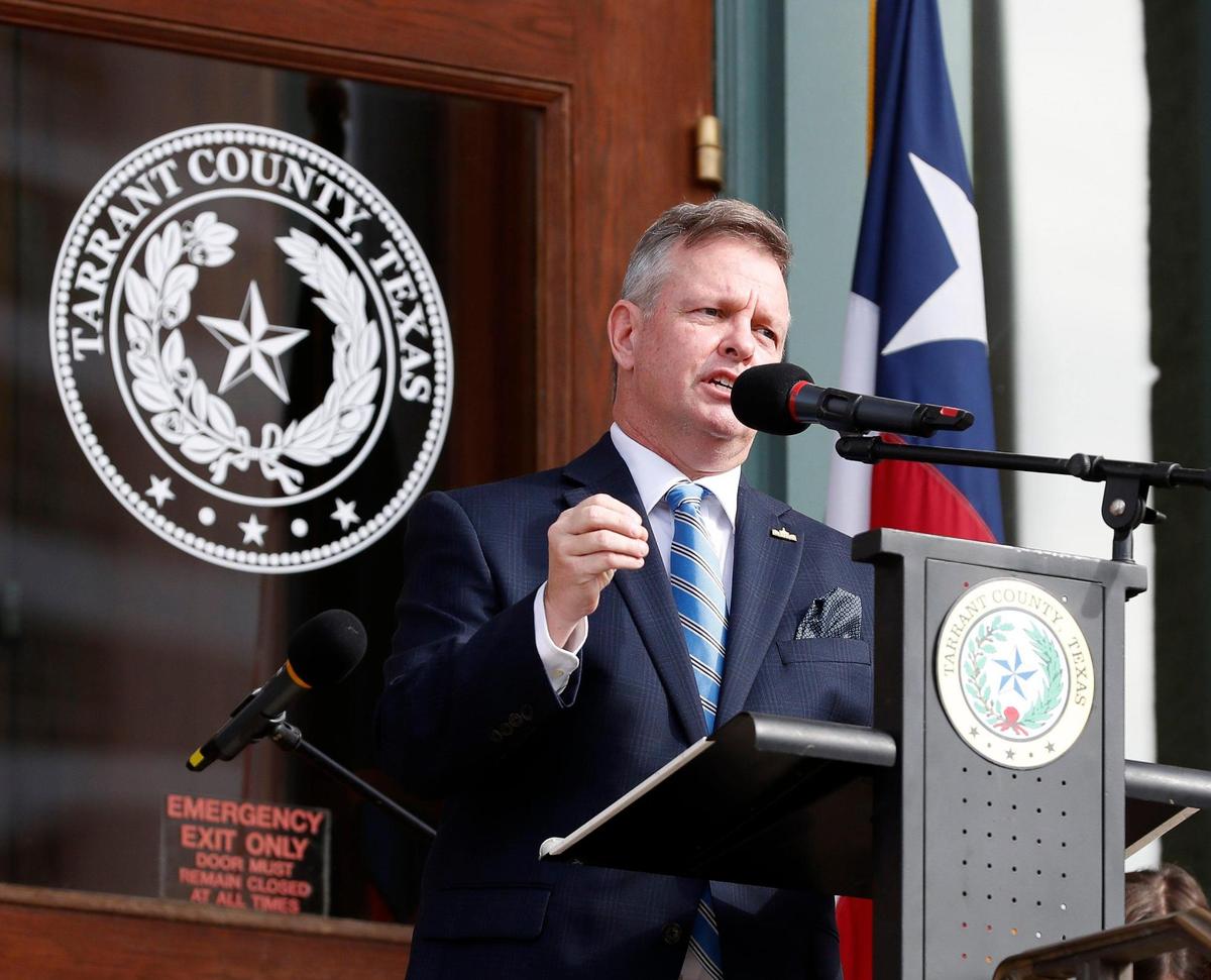Tim O’Hare addresses the crowd after being sworn in as the Tarrant County judge on the steps of the Courthouse in Fort Worth, Texas, Sunday, Jan. 1, 2023.
