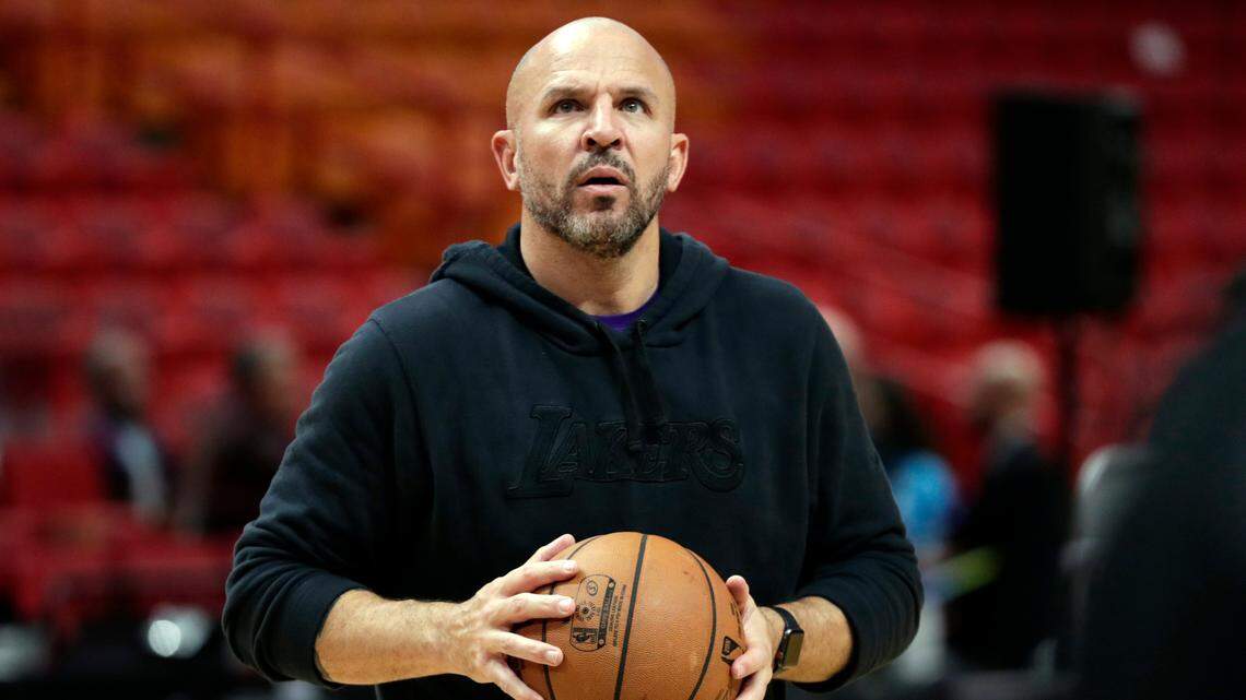 FILE - In this Dec. 13, 2019, file photo, Los Angeles Lakers assistant coach Jason Kidd works with players before an NBA basketball game against the Miami Heat in Miami. Kidd is coming back to Dallas again, this time to replace the coach he won a championship with as the point guard of the Mavericks 10 years ago. A person with direct knowledge of the agreement says Kidd and the Mavericks agreed on a contract Friday, June 25, 2021, eight days after Carlisle resigned abruptly in the wake of general manager Donnie Nelson’s departure. (AP Photo/Lynne Sladky, File)