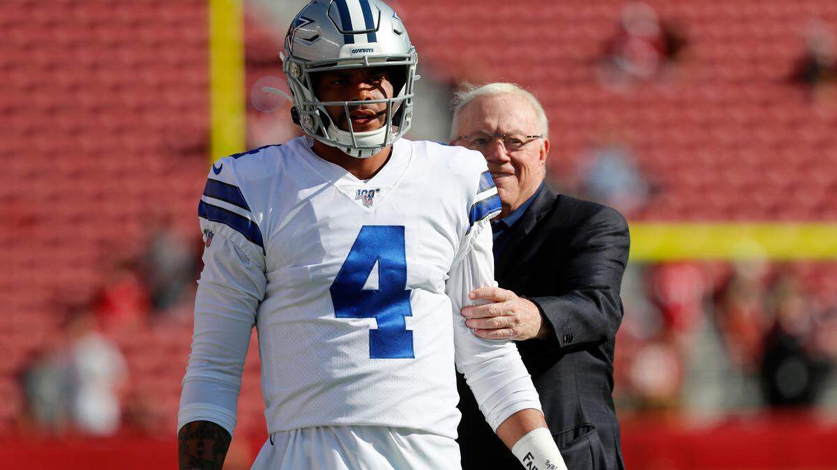 Dallas Cowboys owner Jerry Jones, right, stands behind quarterback Dak Prescott (4) prior to an NFL game.