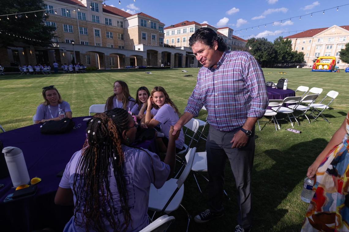 TCU Chancellor Daniel Pullin greets incoming freshman during a “Frog Camp” event on TCU’s campus on Friday, July 11, 2025.