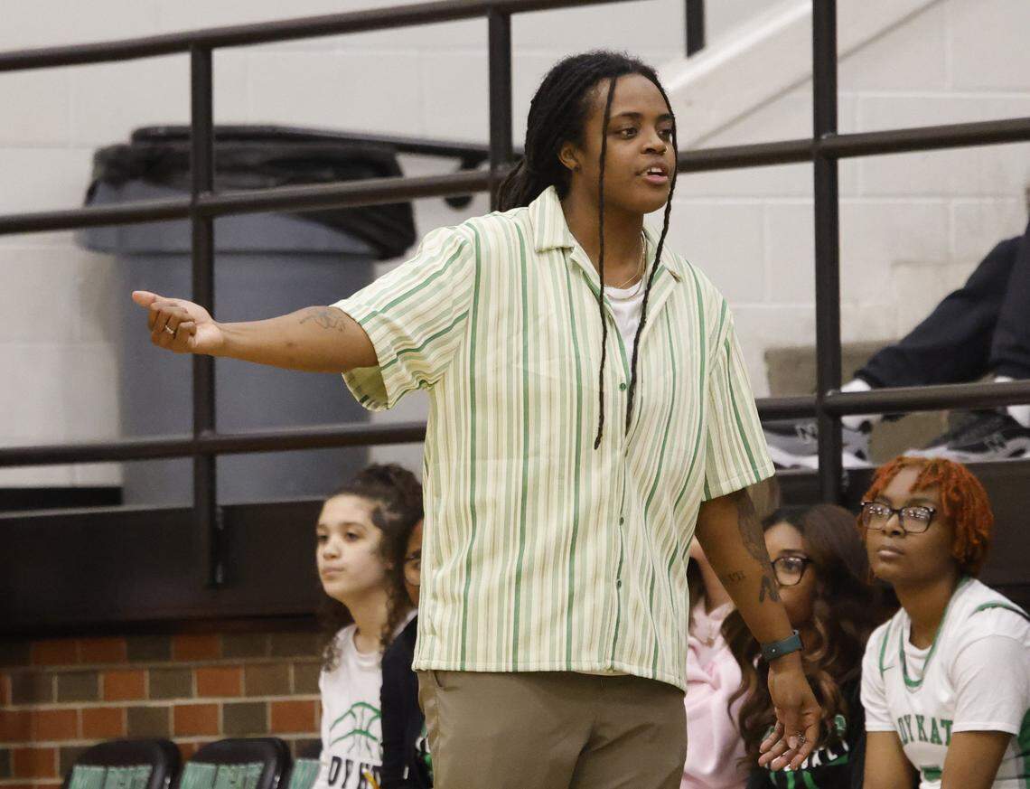 Kennedale head coach Travanti Downes directs traffic during the first half of a UIL basketball game between Alvarado and Kennedale at Kennedale High School in Kennedale, Texas, Tuesday Jan. 13, 2026