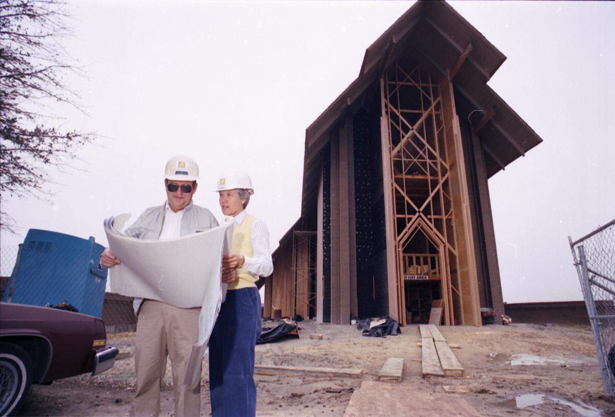 March 15, 1990: Marty Leonard, right, and construction supervisor John Snyder, at the construction site for Marty Leonard Community Chapel, off Hulen Street and I-30.