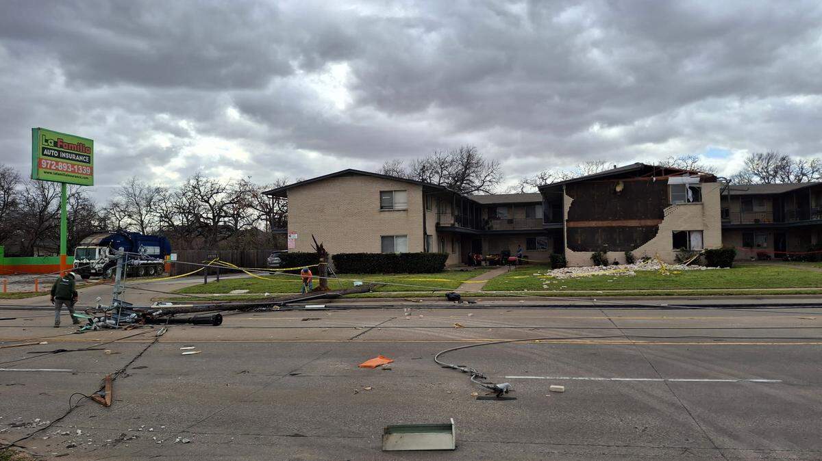 A tornado on Tuesday, March 4, ripped part of the roof and the facade from at least one building at Las Haciendas Apartments in Irving. The NWS confirmed tornadoes touched down in Irving and Wise County.