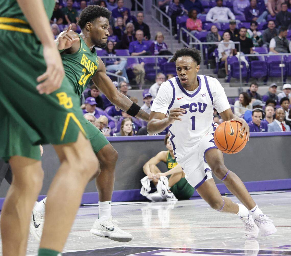 TCU guard Jayden Pierre (1) drives into the lane during the first half of a NCAA basketball game between Baylor University and TCU at Schollmaier Arena in Fort Worth, Texas, Saturday Jan. 03, 2026