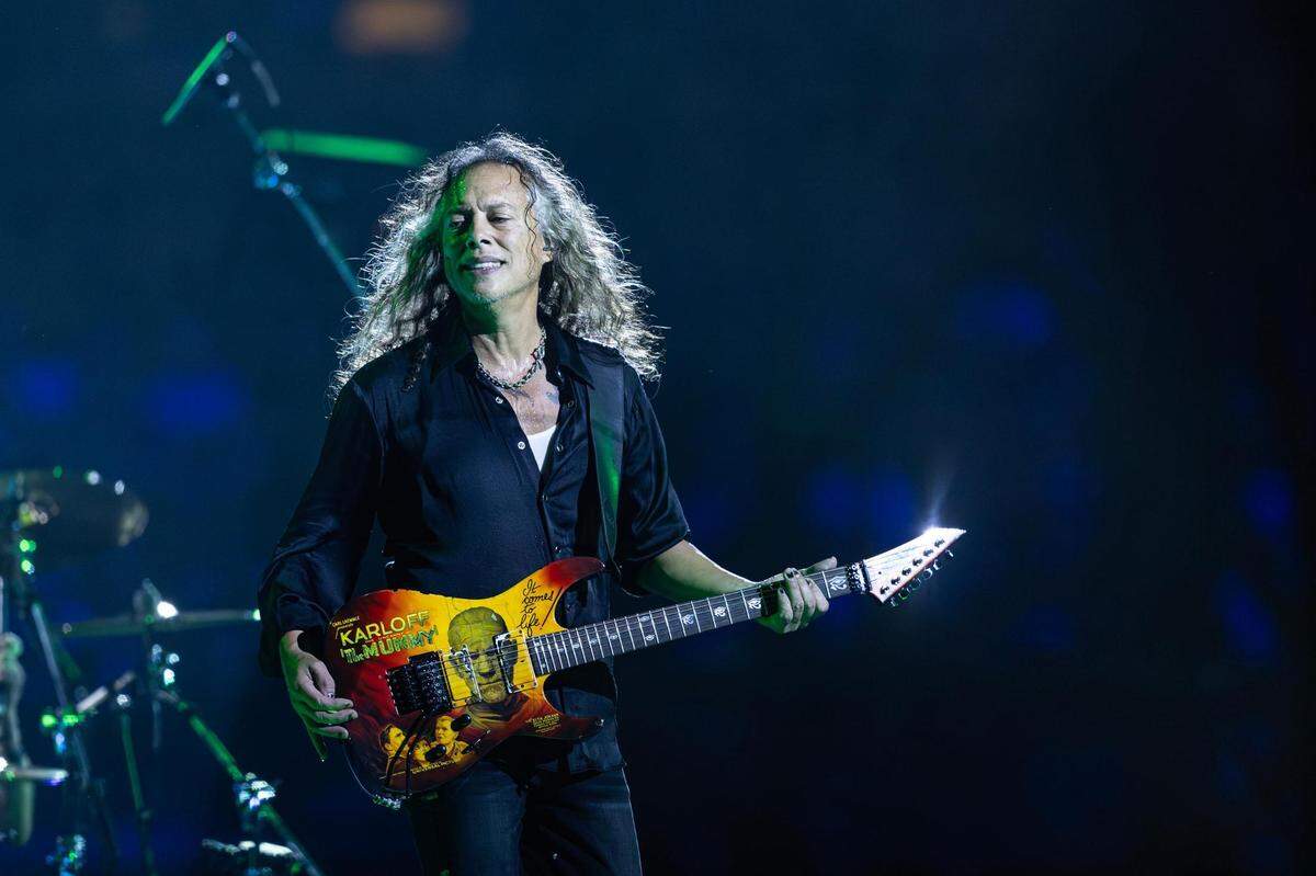 Lead guitarist Kirk Hammett performs during the Metallica: M72 World Tour concert at AT&T Stadium in Arlington, Texas on Friday, Aug. 18, 2023.