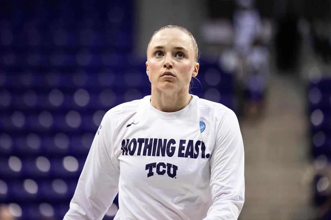TCU guard Hailey Van Lith warms up prior to the second round of the Women’s NCAA Championships Tournament game between TCU and Louisville at Schollmaier Arena in Fort Worth on Sunday, March 23, 2025.