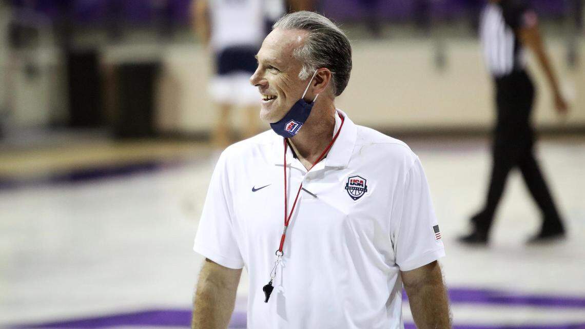 Texas Christian University head coach Jamie Dixon leads practice during the 2021 USA Basketball MenÕs U19 World Cup Team training camp held at TCUÕs Schollmaier Arena on Tuesday, June 22, 2021. Dixon will coach the USA Basketball MenÕs U19 World Cup Team next month at the FIBA U19 World Cup.
