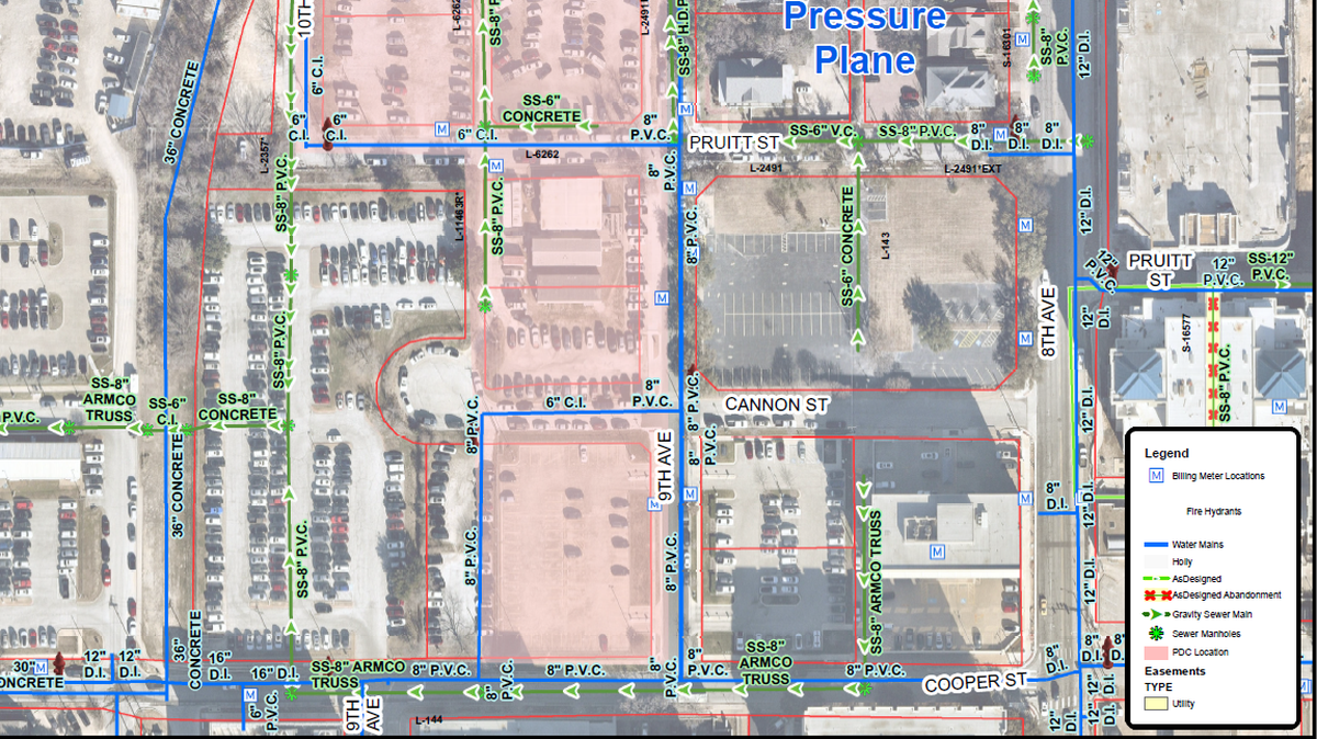 A map of sewer lines under the prospective site of a $37 million daycare facility proposed by Cook Children’s Medical Center this week.