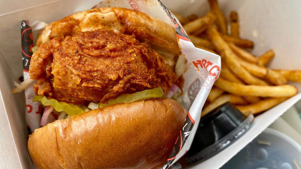 A “Nashville hot” chicken sandwich at Red Claws Hot Chicken.