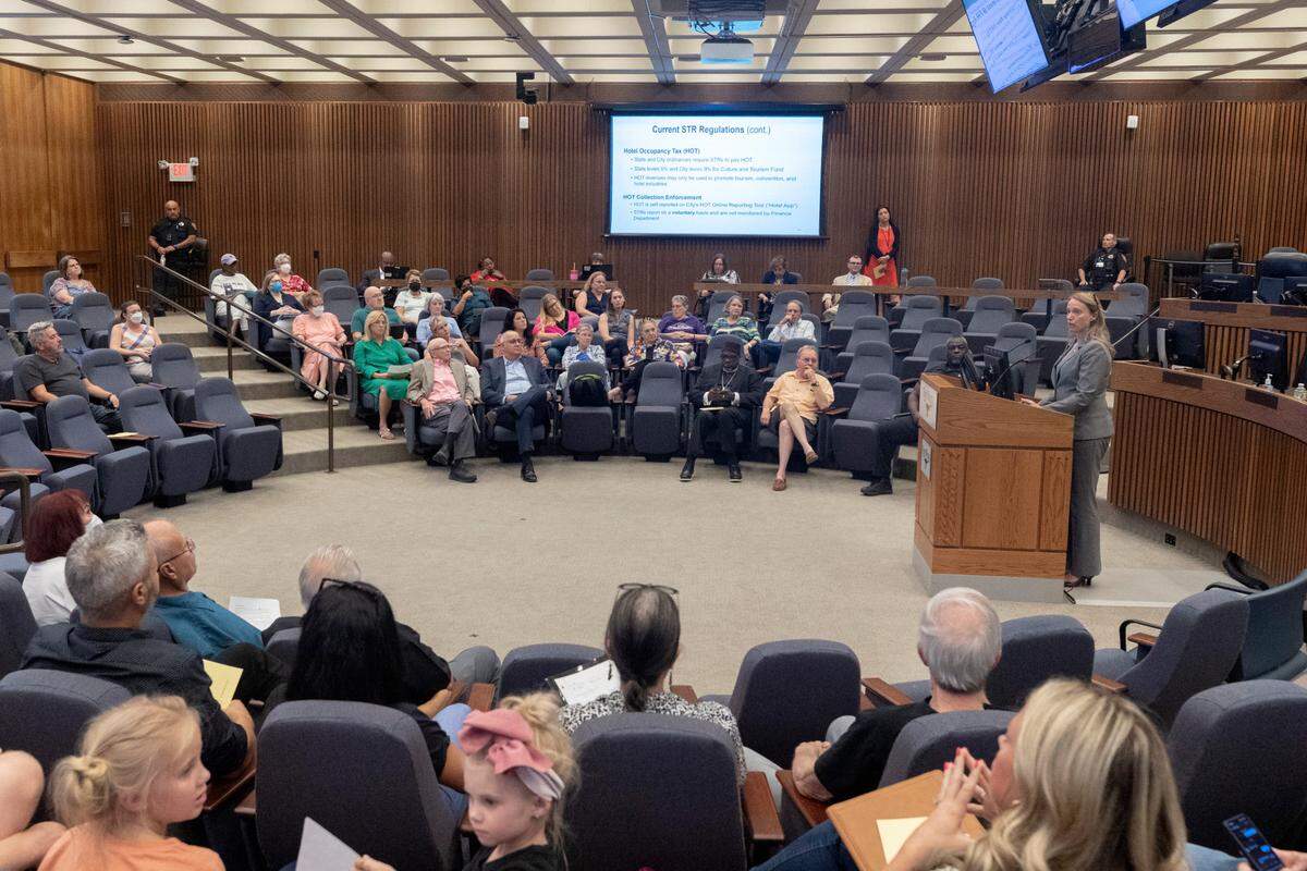 Assistant city manager Dana Burghdoff presents the four proposals for updates to Fort Worth’s short-term rental regulations.