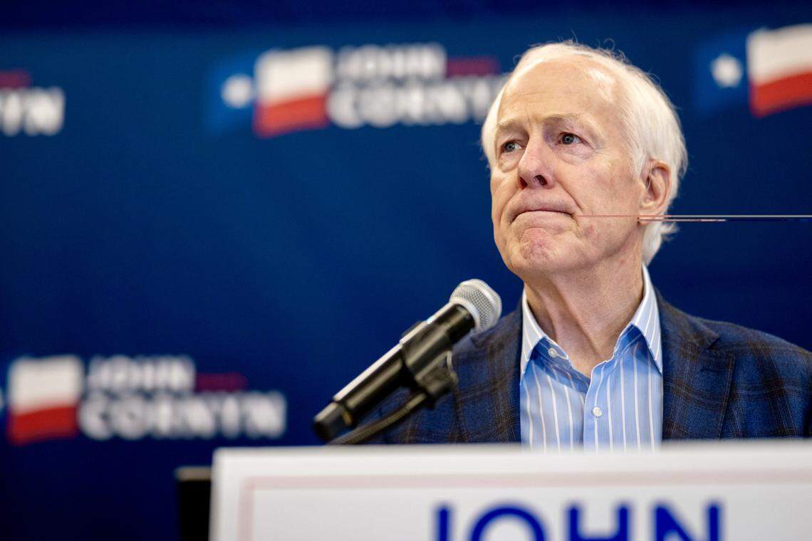 Sen. John Cornyn (R-TX) speaks to members of the media at the Austin Marriott Downtown on March 03, 2026 in Austin, Texas. A runoff race is ahead between Cornyn and opponent Texas Attorney General Ken Paxton.