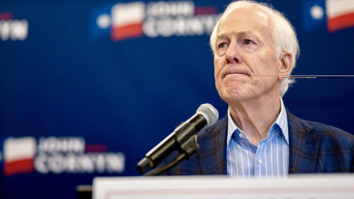 Sen. John Cornyn (R-TX) speaks to members of the media at the Austin Marriott Downtown on March 03, 2026 in Austin, Texas. A runoff race is ahead between Cornyn and opponent Texas Attorney General Ken Paxton.