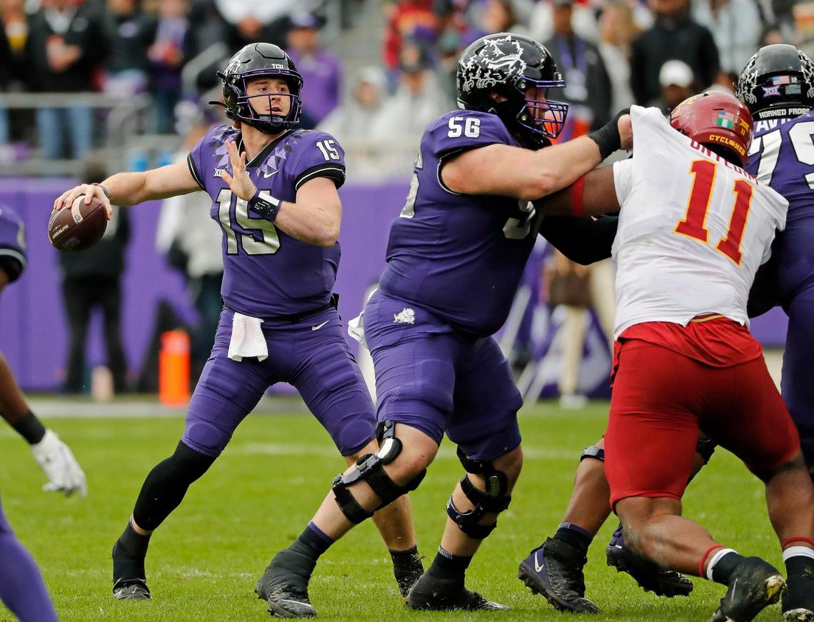 TCU quarterback Max Duggan (15) throws from the pocket in the first half of a NCAA football game at Amon G. Carter Stadium in Fort Worth, Texas, Saturday, Nov. 26, 2022. TCU led 34-7 at the half. (Special to the Star-Telegram Bob Booth)