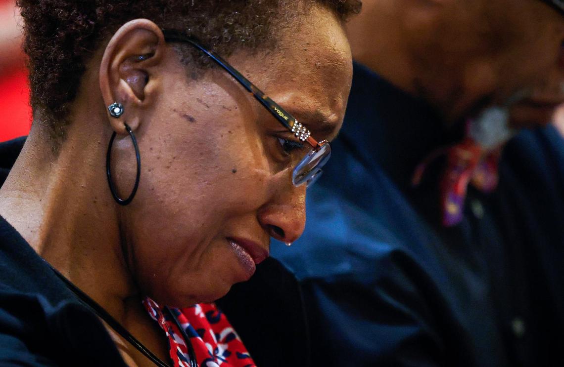 Anthony Johnson Jr.’s mother Jacqualyne Johnson grieves during her son’s funeral on Friday, May 24, 2024, in Mansfield. The Johnson family is calling for accountability after he was killed while in custody at the Tarrant County Jail.