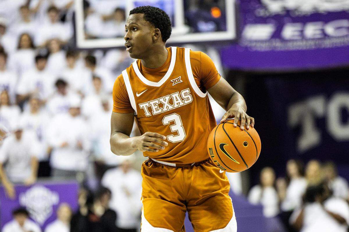Texas guard Max Abmas (3) dribbles up the court in the first half during a Big XII match up between the TCU Horned Frogs and Texas Longhorns at Schollmaier Arena on Saturday, Feb. 3, 2024.