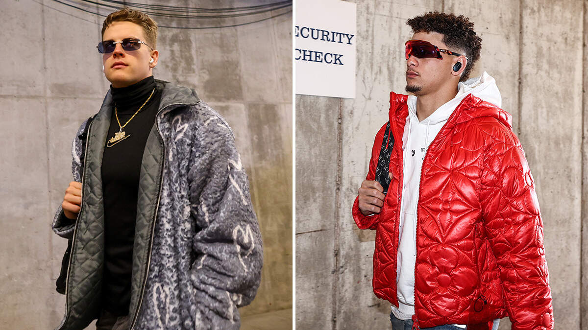 Cincinnati Bengals quarterback Joe Burrows, left, and Kansas City Chiefs quarterback Patrick Mahomes arrived at Arrowhead Stadium in Kansas City, Mo., for the AFC Championship Game Sunday.