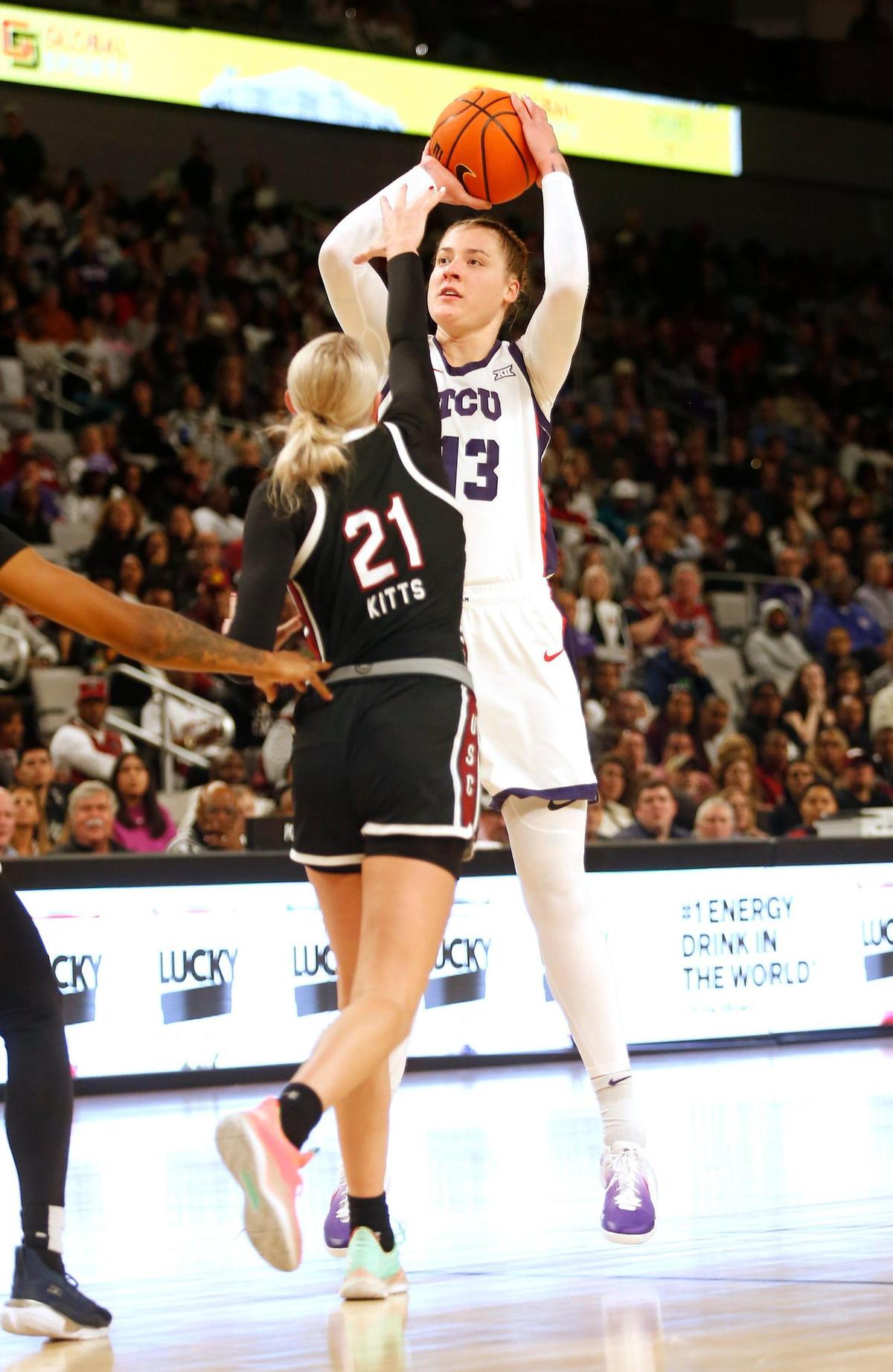 TCU’s Sedona Prince shoots over South Carolina’s Chloe Kitts during their game on Sunday, December 8, 2024 at Dickies Arena.