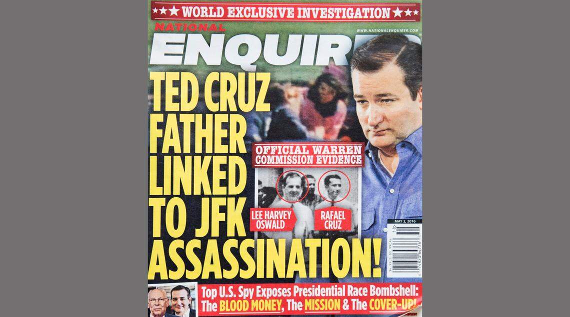 Front page of the National Enquirer allegedly linking the father of Sen. Ted Cruz, R-Texas, with JFK accused assassin Lee Harvey Oswald. GOP nominee Donald Trump said that there was a picture of them having breakfast. The picture is from a tv crew video taken in New Orleans of Oswald and an unidentified man - who the National Enquirer is suggesting is Rafael Cruz - in 1963 distributing pro-Cuba flyers. Ted Cruz has denied the man is his father.