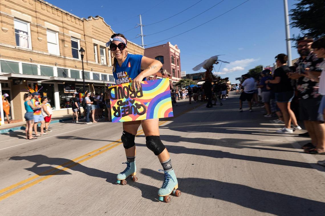 A march participant skates down South Main Street during Trinity Pride Fest in Fort Worth on Saturday, June 28, 2025.