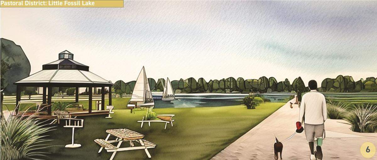 A design illustration of the more than five gravel pits within the project site. This shows one of the gravel pits reclaimed with more vegetation and trails for the residents and visitors to use. The gravel pits are called “lakes” to see them as resources and opportunities for the community rather than some things that need to be removed or hidden.