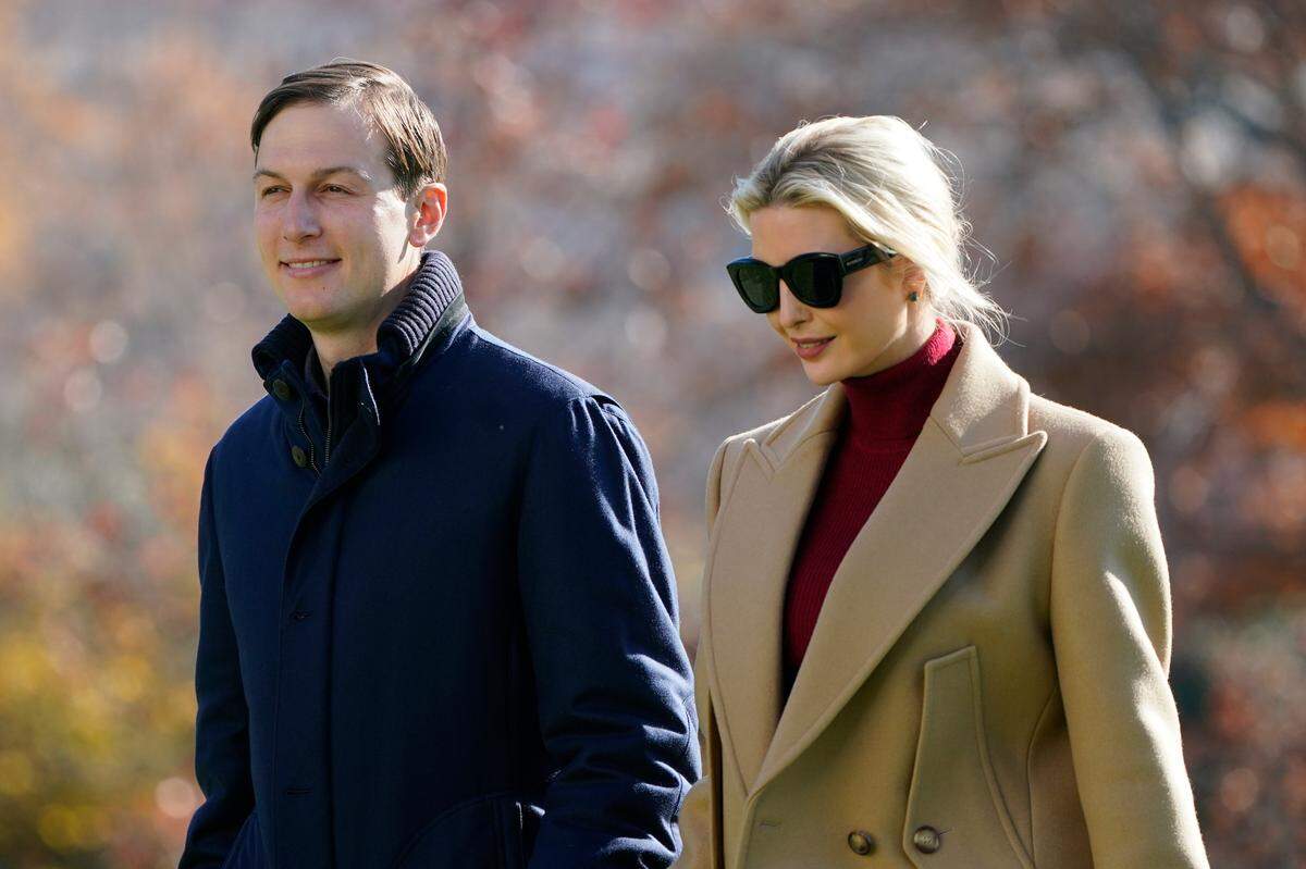 President Donald Trump’s White House Senior Adviser Jared Kushner and Ivanka Trump, the daughter of President Trump, walk on the South Lawn of the White House in Washington, Sunday, Nov. 29, 2020, after stepping off Marine One upon returning from Camp David. (AP Photo/Patrick Semansky)