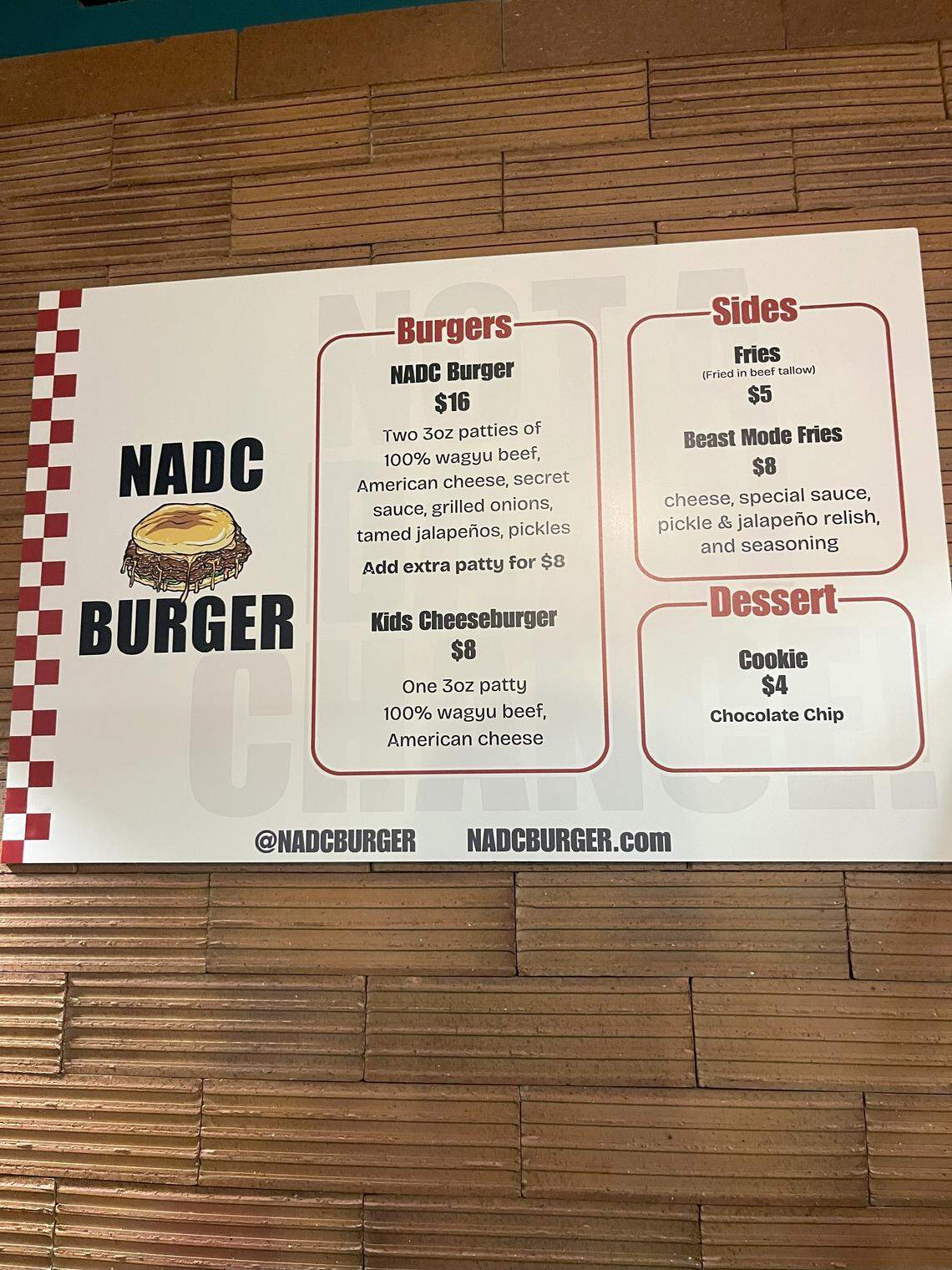NADC Burger has a limited menu of burgers and fries.