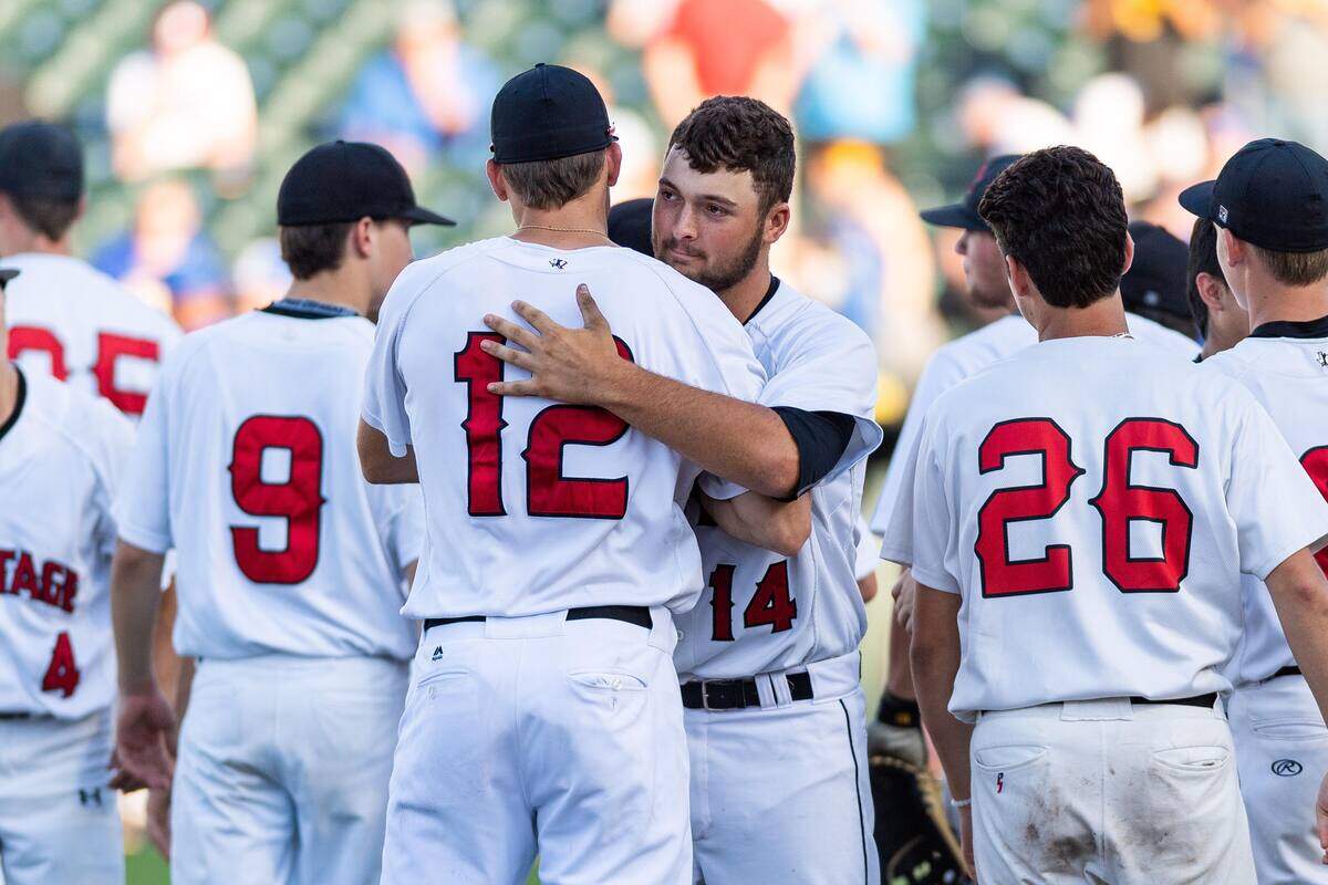 Colleyville Heritage’s Logan Britt (12) and Austin Glaze (14). The Panthers defeat Corsicana 2-1 in the 5A state semifinals at Dell Diamond, Thursday June 6, 2019.