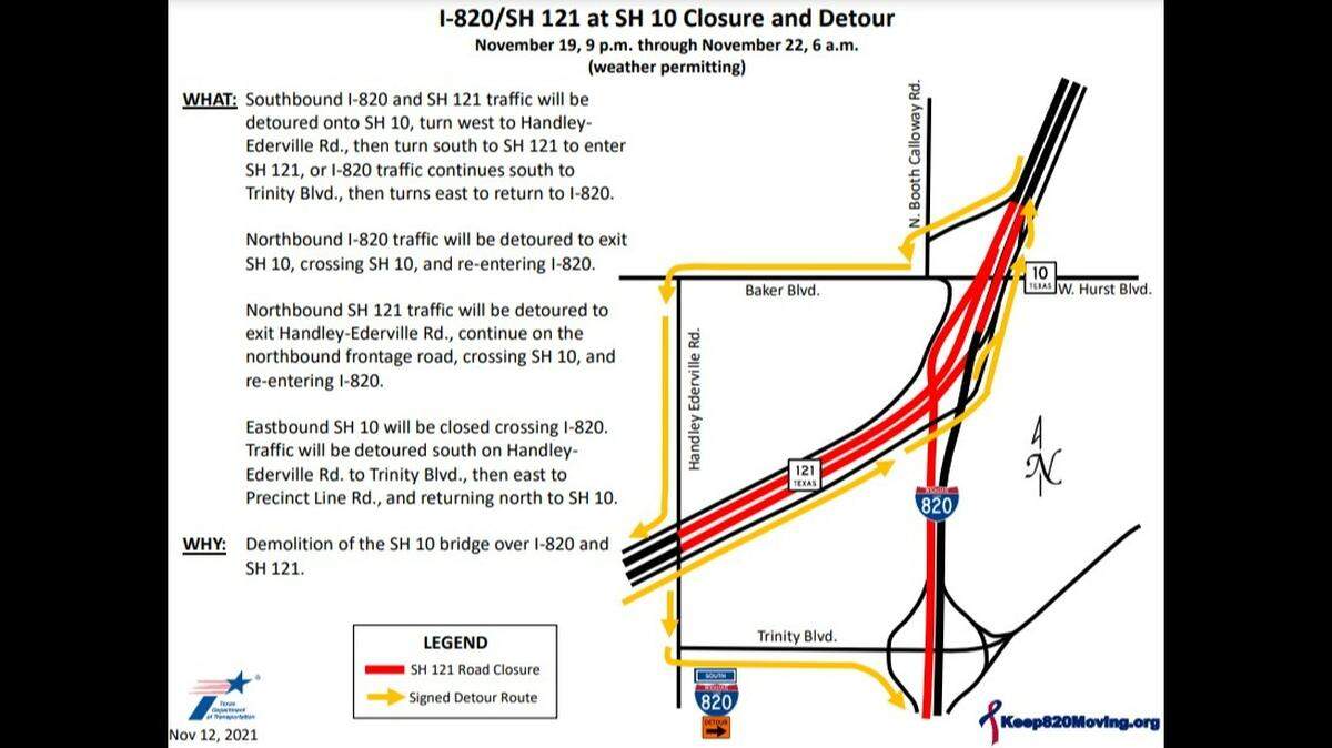 Loop 820 and Texas 121 will be closed at Texas 10 from 9 p.m. Friday to 6 a.m. Monday.