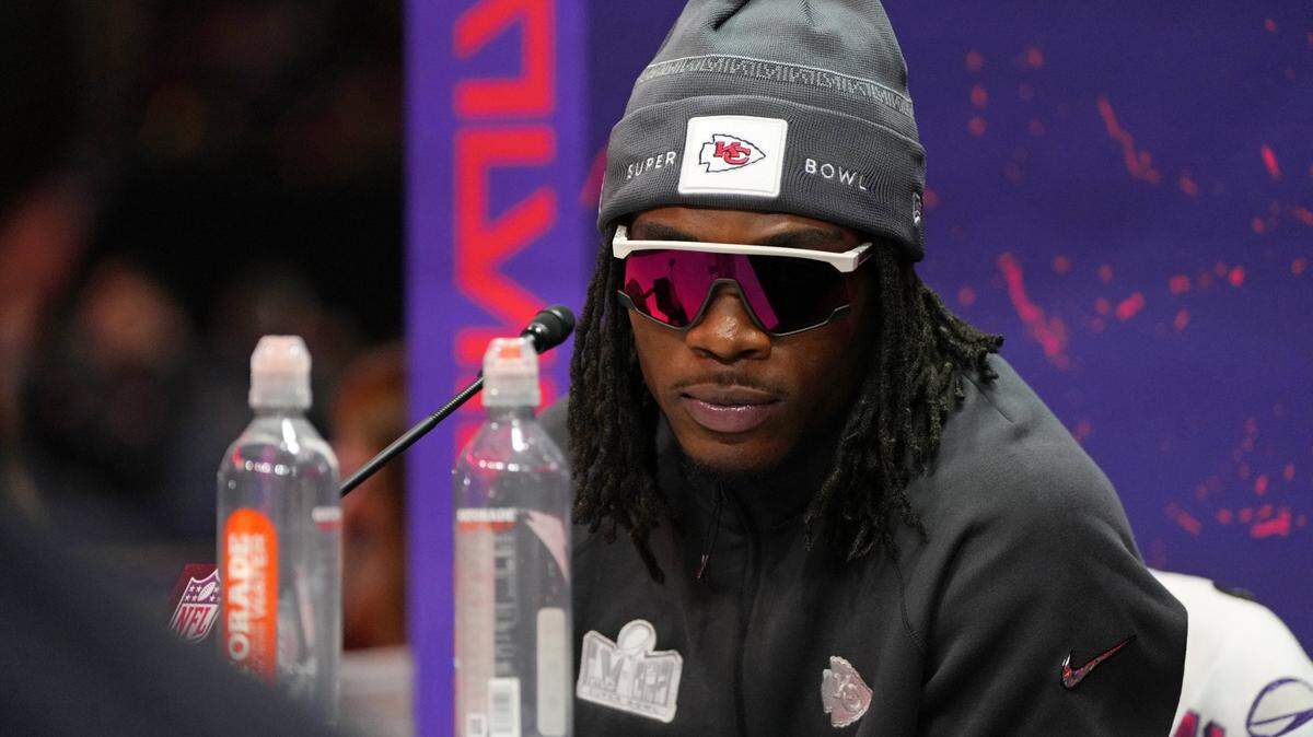 Feb 5, 2024; Las Vegas, NV, USA; Kansas City Chiefs wide receiver Rashee Rice (4) talks to the media during Super Bowl LVIII Opening Night at Allegiant Stadium. Mandatory Credit: Lucas Peltier-USA TODAY Sports