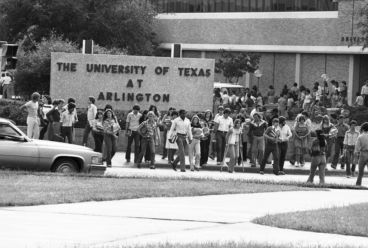 Oct. 18, 1978: With the growth of the University of Texas at Arlington and the bisection of the campus with Cooper Street, crossing four-lane traffic with a turn lane is getting more difficult even with pedestrian crosswalks.