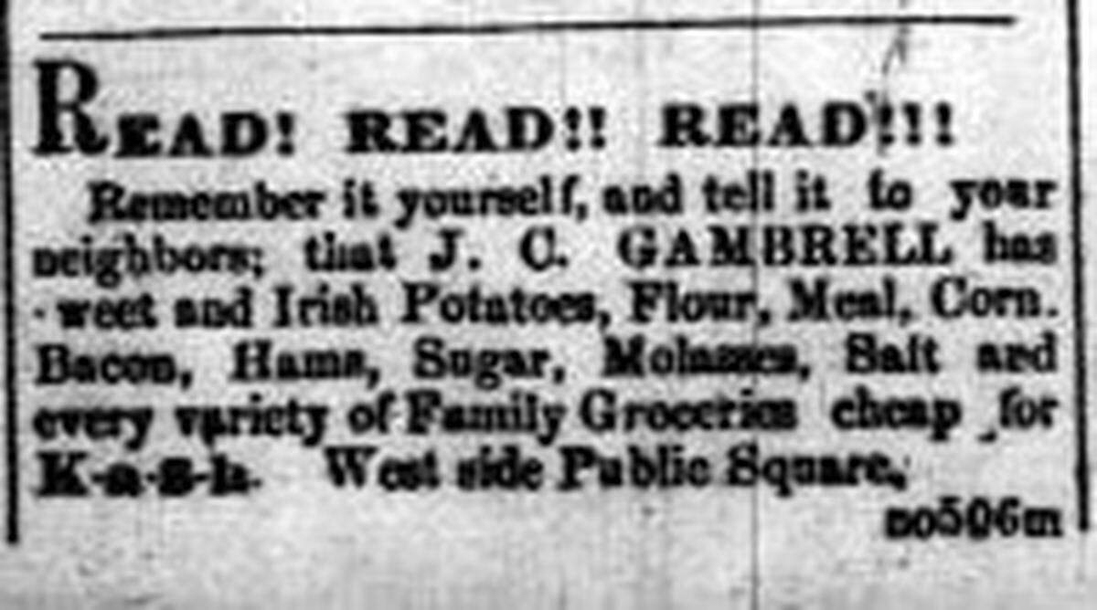 March 8, 1873, Fort Worth Democrat ad for Gambrell’s grocery.