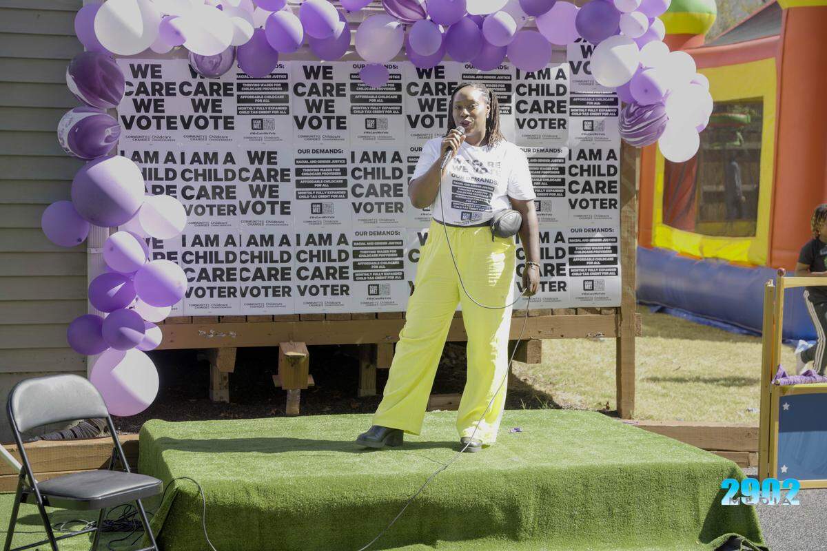 BriTanya Brown speaks at an event in Mableton, Georgia, during Childcare Changemakers’ National Child Care Voter Day of Action, advocating for more local and state investment in child care funding.