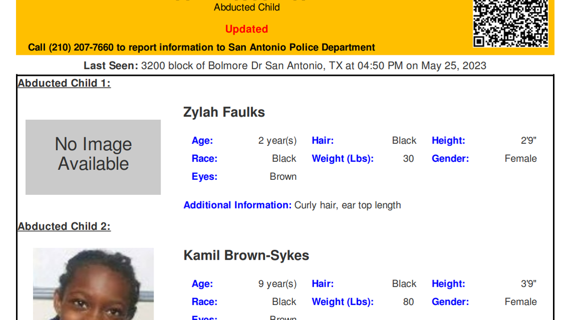 Zylah Faulks, 2, and Kamil Brown-Sykes, 9, were last seen around 4:50 p.m. Thursday in the 3200 block of Bolmore Drive in San Antonio. Authorities believe the girls are in grave or immediate danger.