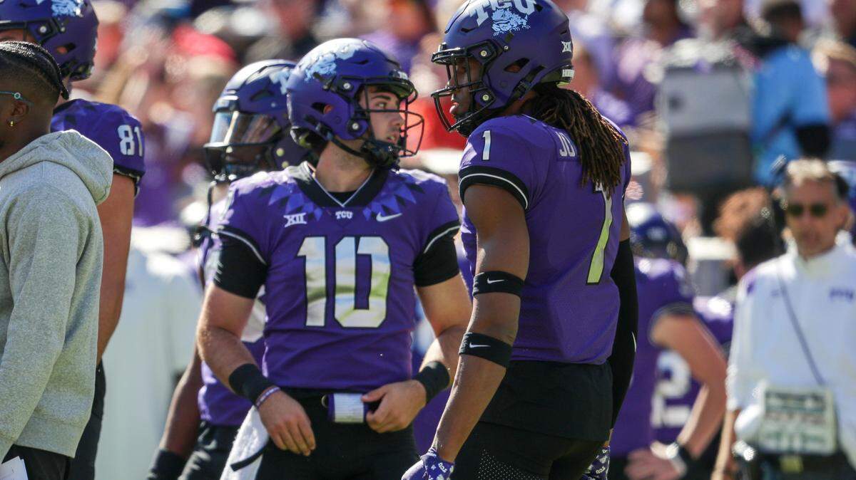 TCU wide receiver Quentin Johnston on the sidelines during their game against Texas Tech on Saturday, Nov. 5, 2022, at the Amon G. Carter Stadium in Fort Worth. Johnston missed most of the Texas Tech game. His return and health looms large against Texas.