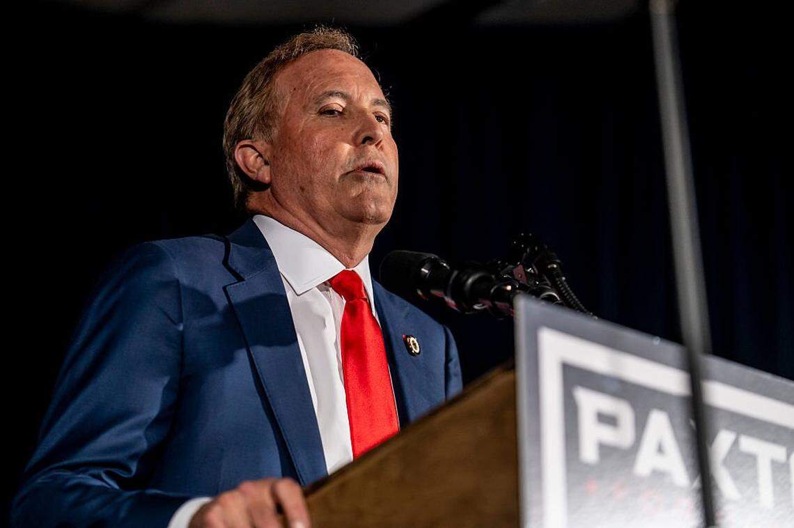 DALLAS, TEXAS - MARCH 3: GOP Texas Senate Candidate Ken Paxton speaks to supporters at a watch party on March 3, 2026 in Dallas, Texas. Paxton and incumbent John Cornyn will face off again in a run off. (Photo by Sergio Flores/Getty Images)