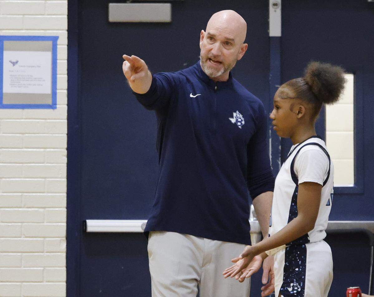 L.D. Bell head coach Andy Bloodworth gives directions to guard Jenai Griffin (13) against Byron Nelson during the first half of a girls UIL basketball game between Byron Nelson and L.D. Bell at L.D. Bell High School in Hurst, Texas, Friday Feb. 06, 2026