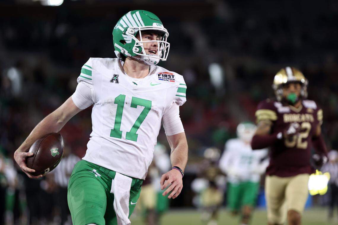 Jan 3, 2025; Dallas, TX, USA; North Texas Mean Green quarterback Drew Mestemaker (17) scores a touchdown against the Texas State Bobcats during the fourth quarter at Gerald J. Ford Stadium. Mandatory Credit: Tim Heitman-Imagn Images