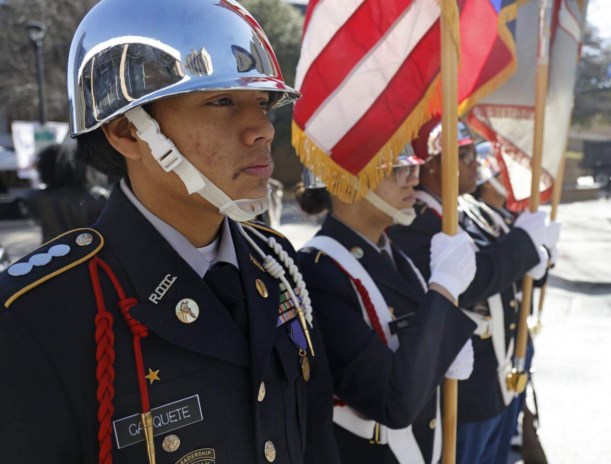 O.D. Wyatt honor guard prepares to lead the parade during the 2026 Martin Luther King day celebration in Fort Worth, Texas, Monday Jan. 19, 2026