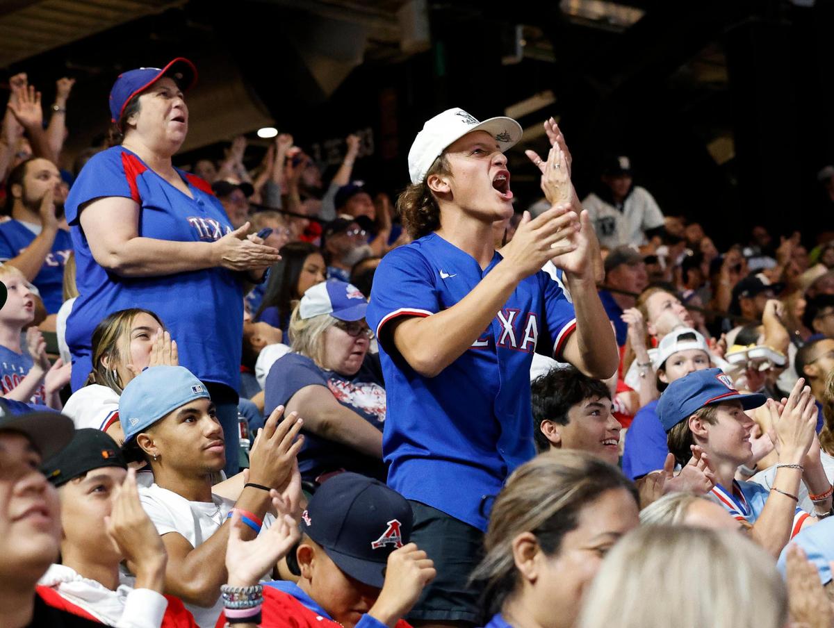 Fans cheer on the Rangers during the ACLS game 7 watch party at Globe Life Field in Arlington, Texas, Friday, Oct. 23, 2023. Rangers led 4-1 in the top of the third. (Special to the Star-Telegram Bob Booth)