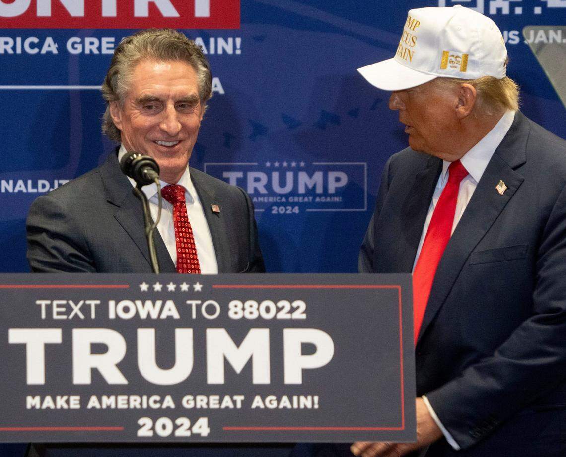 North Dakota Gov. Doug Burgum endorses Former President Donald Trump during a campaign event ahead of the Iowa Caucus on Sunday, Jan. 14, 2024, at Simpson College in Indianola.