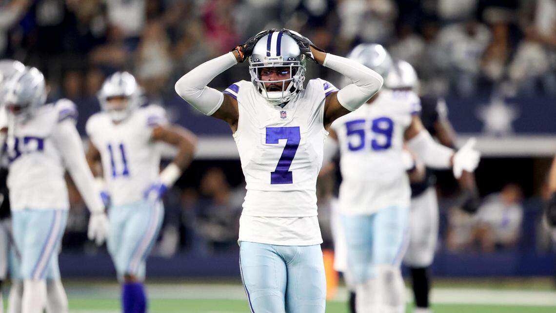 Dallas Cowboys cornerback Trevon Diggs reacts after another penalty called on the Cowboys during overtime against the Las Vegas Raiders on Thursday, November 25, 2021.