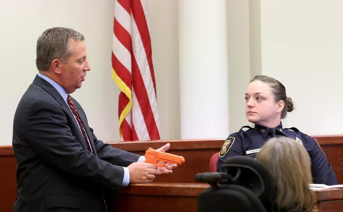 Defense attorney Miles Brissette cross examines witness Fort Worth police officer Carol Darch during the second day of the murder trial of Aaron Dean on Tuesday, December 6, 2022, in Fort Worth. Darch was the other officer on scene when Atatiana Jefferson was shot and killed by former Fort Worth police officer Aaron Dean in 2019.