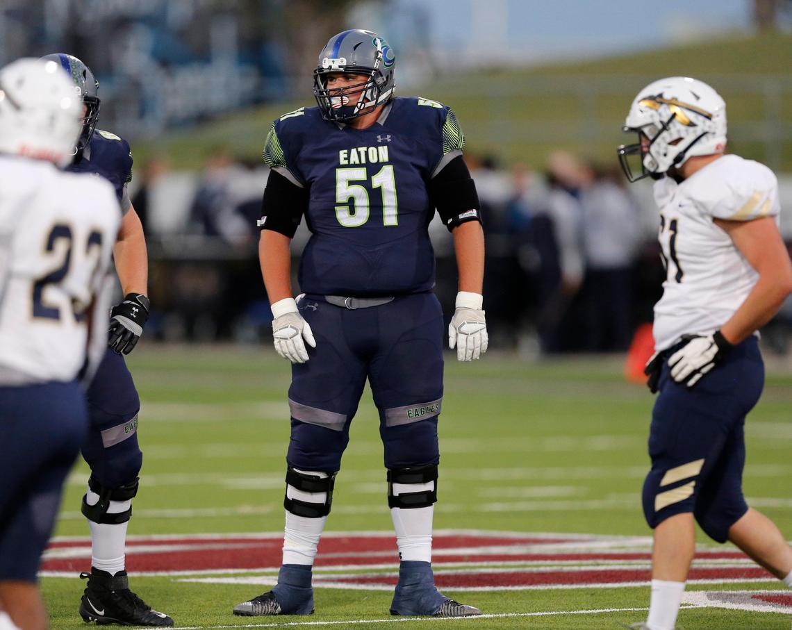 Eaton’s Heston Edwards (51) is a force on the offensive line. The Keller Indians played the Eaton Eagles at Northwest Stadium Friday, October 11, 2019.