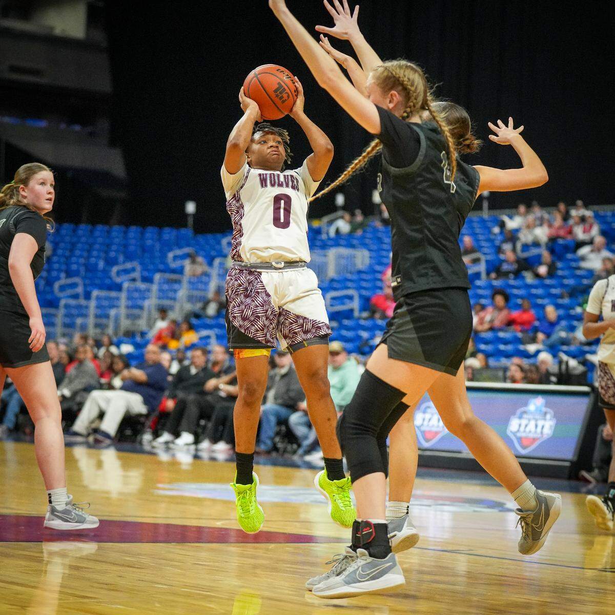 Mansfield Timberview’s Tamaiya Mims (0) goes up for two of her 11 points against Cedar Park in a Class 5A state semifinal on Thursday, February 29, 2024 at the Alamodome in San Antonio, Texas. Timberview defeated Cedar Park 67-45.